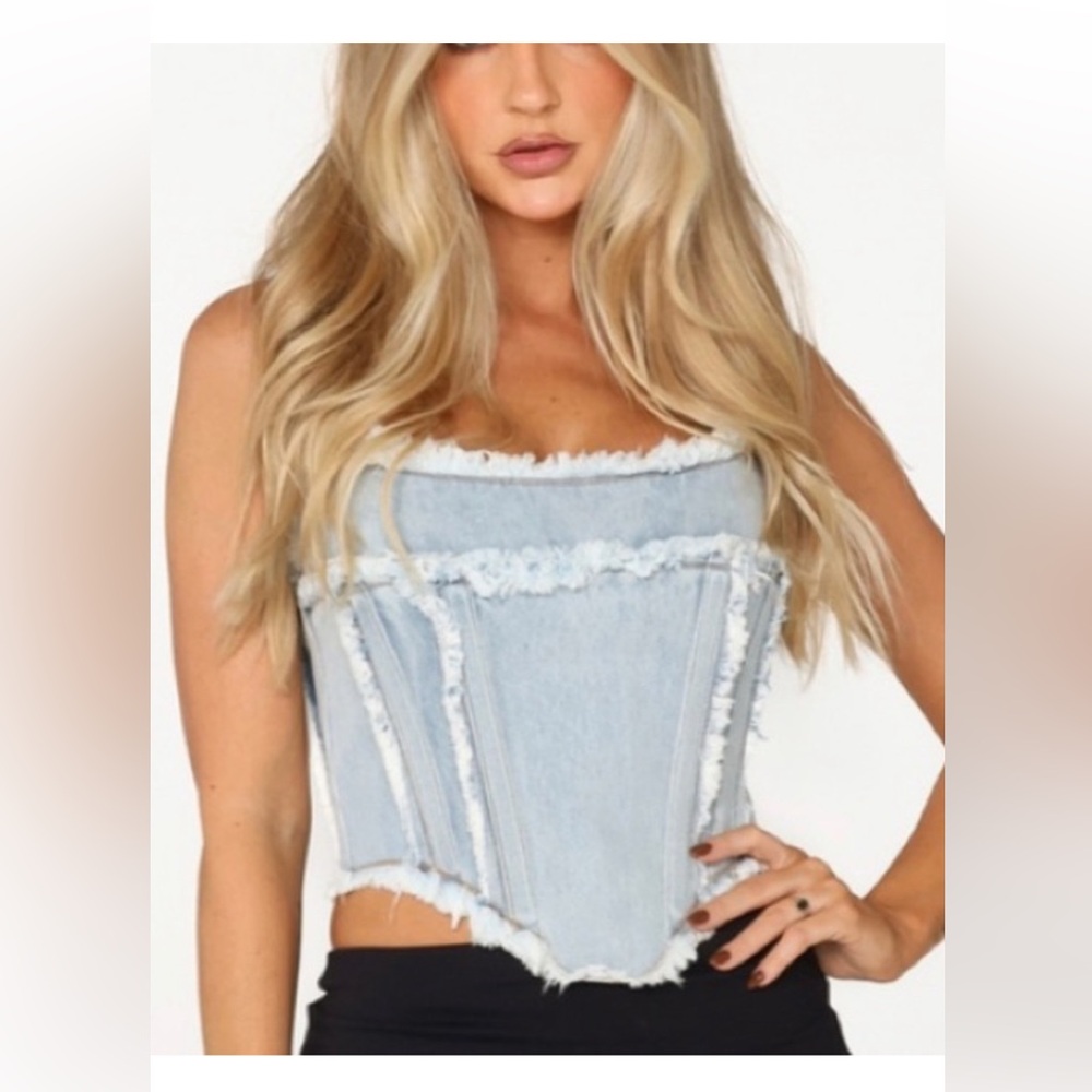 Revolve Light Blue Denim Corset Top - Raw Edges Zip Closure Straps, Med to Large
